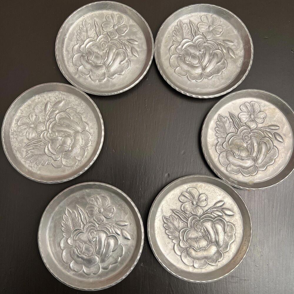 Vintage Everlast Forged Aluminum‎ Metal Coasters Set of 6 Raised Rose Floral MCM